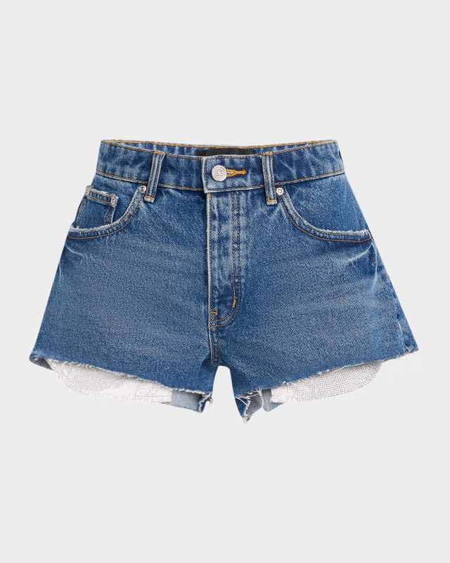 Cut-Off Denim Shorts with Rhinestone Pockets